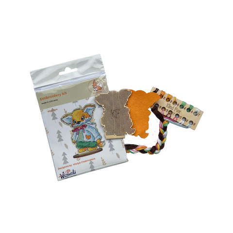 Cross Stitch Kit with Wooden Base and Felt, 13 Colors, 6.5 × 8.5 cm Finished Design, Kind Fox by Wizardi