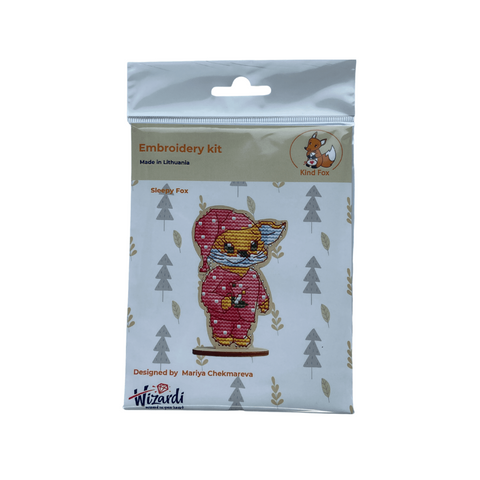 Sleepy Fox Cross Stitch Kit, Small Embroidery Project, Kind Fox by Wizardi, 13 Colors, 6 × 8.5 cm