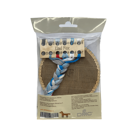 Santorini Cross Stitch Kit on Wooden Base, Cotton Mouliné Threads, 11 x 11 cm, Kind Fox by Wizardi, 11 Shades