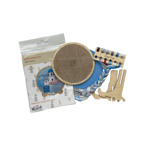 Santorini Cross Stitch Kit on Wooden Base, Cotton Mouliné Threads, 11 x 11 cm, Kind Fox by Wizardi, 11 Shades