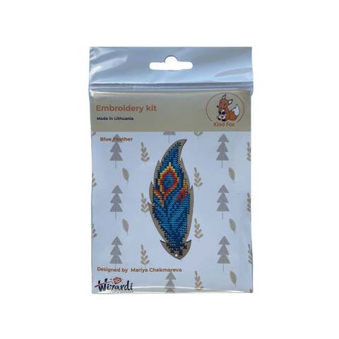 Blue Feather Cross Stitch Embroidery Kit, Kind Fox by Wizardi, 4.5 × 11 cm, 7-Color Decorative Craft Set