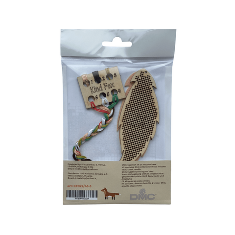 Colorful Feather Cross Stitch Embroidery Kit, Kind Fox by Wizardi, 6 Colors, Cotton Threads, Wooden Base, 4.5 x 11 cm