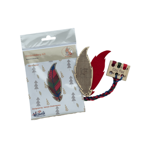 Feather Embroidery Kit on Wooden Base, 4.5 x 11 cm, 5-Color Cotton Threads, Felt, Pattern & Organizer, Kind Fox by Wizardi