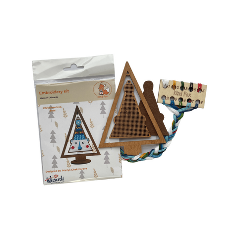 Cross Stitch Christmas Tree Ornament Kit with Bear, Kind Fox by Wizardi, 11.5 x 15 cm, Wooden Base and Felt
