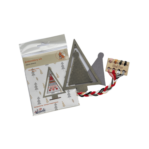 Christmas Tree Cross Stitch Kit with Santa, Cotton Floss, Wooden Base, Felt, 8 Colors, 11.5 x 15 cm, Kind Fox by Wizardi