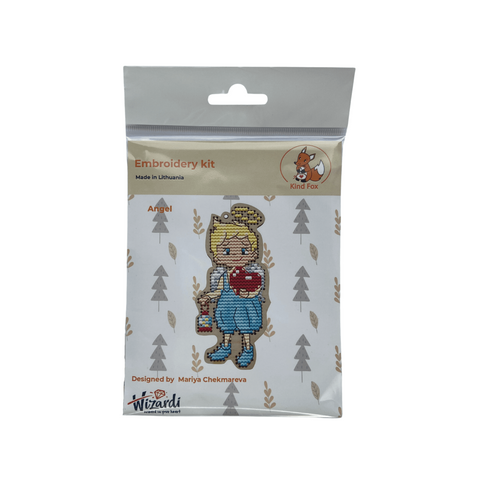Angel Cross Stitch Kit with Wooden Base, Kind Fox by Wizardi, 5 x 10.5 cm, 11 Colors and Mixed Thread Set