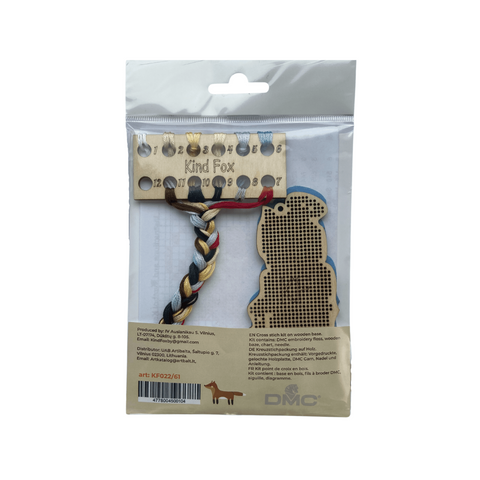 Angel Cross Stitch Kit with Wooden Base, Kind Fox by Wizardi, 5 x 10.5 cm, 11 Colors and Mixed Thread Set