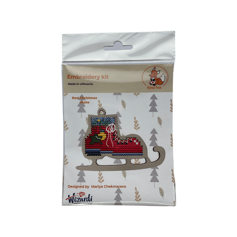 Red Christmas Ice Skate Cross Stitch Ornament Kit, Kind Fox by Wizardi, 8.5 × 6 cm, 10 Colors, Wooden Base and Felt Backing