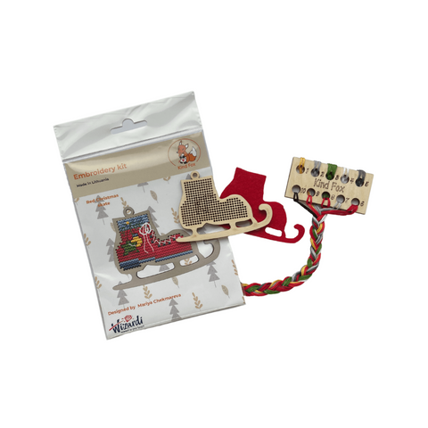Red Christmas Ice Skate Cross Stitch Ornament Kit, Kind Fox by Wizardi, 8.5 × 6 cm, 10 Colors, Wooden Base and Felt Backing