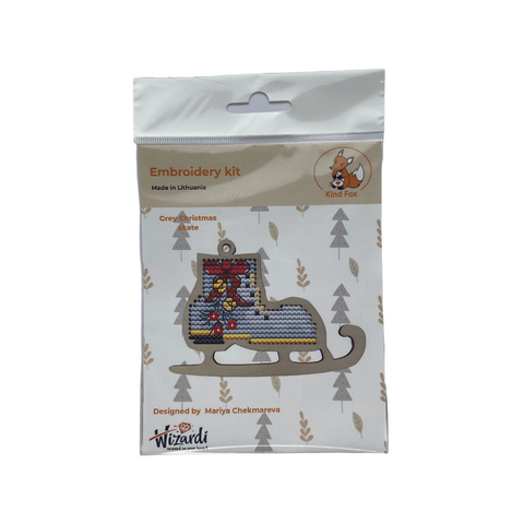 Christmas Ice Skate Embroidery Kit, Gray Holiday Ornament, Wooden Base, Felt Backing, 8.5 x 6 cm, Kind Fox by Wizardi