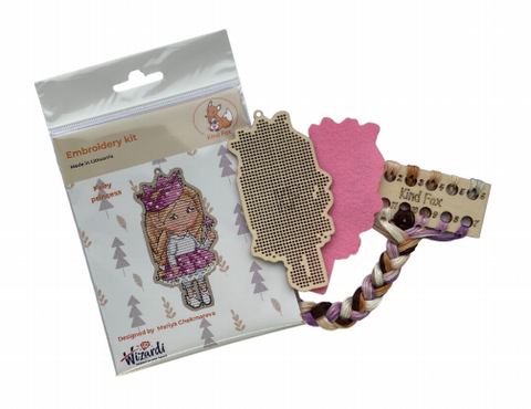 Fairy-Themed Cross Stitch Embroidery Kit, DMC Cotton Threads, Wooden Base, Felt, 6 × 11.5 cm, 12 Colors, Kind Fox by Wizardi