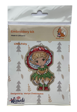 Cross Stitch Embroidery Kit with DMC Cotton Floss, Wooden Base and Felt, 14 Colors, 6 x 9 cm, Kind Fox by Wizardi