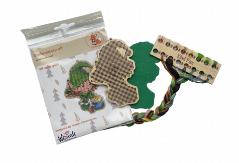 Christmas Elf Cross Stitch Kit with Gold Accents, DMC Cotton Floss, Wooden Base, Felt Backing, 6 x 11.5 cm, Kind Fox