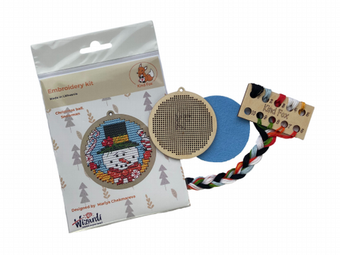 Christmas Embroidery Kit for Snowman Ornament, Snowflake Design, 6.5 × 7 cm, 9-Color Cotton Threads, Kind Fox by Wizardi