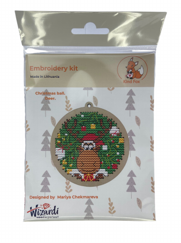 Christmas Deer Cross Stitch Ornament Kit, Wooden Base and Felt, 6.5 × 7 cm, 9 Thread Shades, Kind Fox by Wizardi