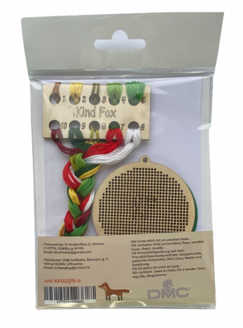 Christmas Tree Ornament Embroidery Kit, New Year Design, Wooden Base, Felt Backing, 10-Color Cotton Threads, 6.5 × 7 cm, Kind Fox by Wizardi