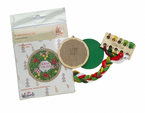 Christmas Tree Ornament Embroidery Kit, New Year Design, Wooden Base, Felt Backing, 10-Color Cotton Threads, 6.5 × 7 cm, Kind Fox by Wizardi