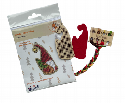 Christmas Gnome Cross Stitch Kit with Tree, 5 x 8.5 cm DIY Holiday Ornament, Kind Fox by Wizardi