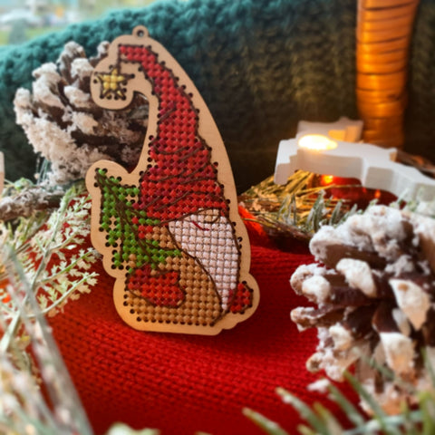 Christmas Gnome Cross Stitch Kit with Tree, 5 x 8.5 cm DIY Holiday Ornament, Kind Fox by Wizardi