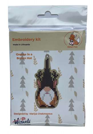 Gnome Cross Stitch Kit with Wooden Base, Brown Hat Embroidery Set, Cotton Floss, 4.5 × 9 cm, Kind Fox by Wizardi