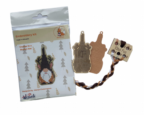 Gnome Cross Stitch Kit with Wooden Base, Brown Hat Embroidery Set, Cotton Floss, 4.5 × 9 cm, Kind Fox by Wizardi