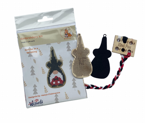 Gnome Cross Stitch Kit with Tuxedo Design, Wooden Base, Cotton Floss, Felt, 4 Colors, 4.5 × 9 cm, Kind Fox by Wizardi