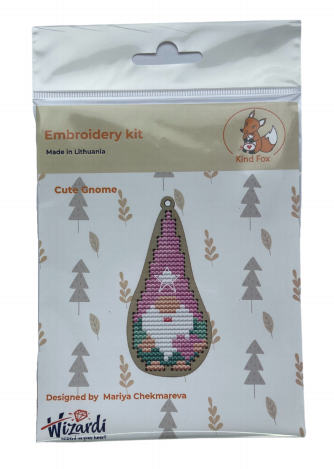 Garden Gnome Cross Stitch Kit with Cotton Threads, Kind Fox by Wizardi, Wooden Base and Felt, 4 × 8.5 cm, 7 Colors