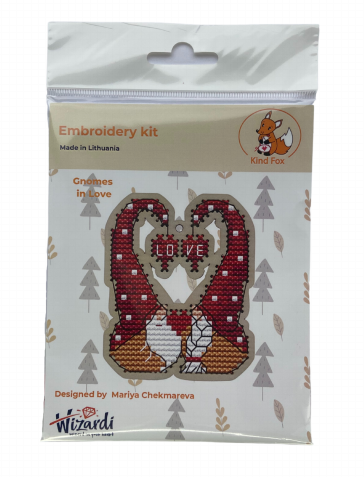 Love Gnome Couple Cross Stitch Kit on Wooden Base, 6-Color Cotton Thread, 8 × 7.5 cm, Kind Fox by Wizardi