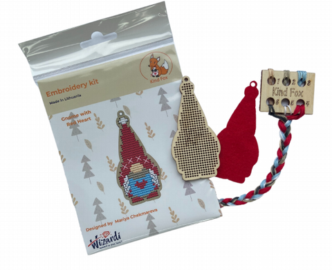 Christmas Gnome Cross Stitch Kit with Red Heart, 4 x 9 cm Decorative Ornament, Kind Fox by Wizardi