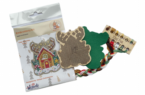 Christmas Embroidery Kit, Cozy Winter House Ornament, 11 Colors, 8 × 9.5 cm, Kind Fox by Wizardi