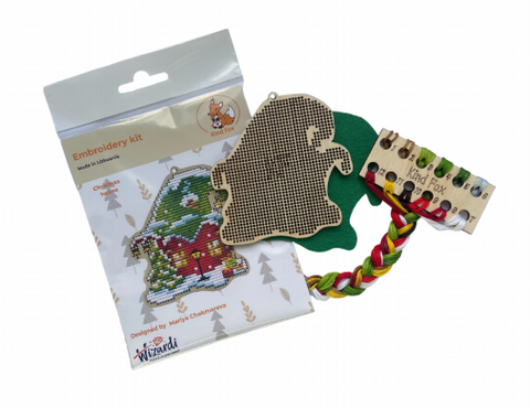 Christmas House Cross Stitch Kit, 9 × 9.5 cm Holiday Decoration, 12-Color Embroidery Set, Kind Fox by Wizardi