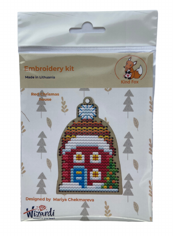 Christmas Embroidery Kit, Red House Ornament, 5 x 7 cm, Cotton Mouline Threads, Wooden Base, Felt, Kind Fox by Wizardi