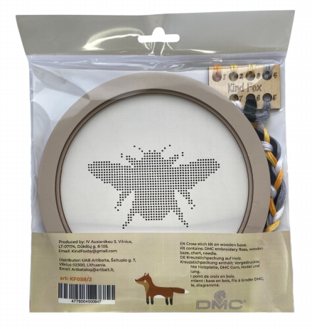 Bee Cross Stitch Kit with Wooden Base and Frame, Kind Fox by Wizardi, 17.5 cm, 7-Color Embroidery Set, Felt Backing