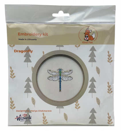 Dragonfly Cross Stitch Embroidery Kit, Kind Fox by Wizardi, 17.5 cm Round Wall Decor, 8-Color Cotton Thread Set