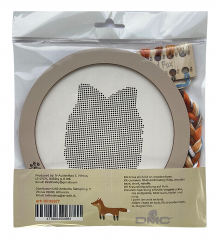 Dog Cross Stitch Kit with Wooden Base and Frame, Kind Fox, 10-Color Embroidery Set, 17.5 cm