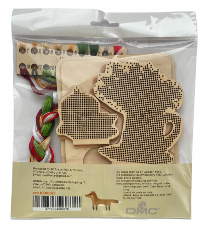 Christmas Candle Holder Cross Stitch Kit, Wooden Base, Felt, 18-Color Cotton Thread, Kind Fox by Wizardi, 13 x 16 cm