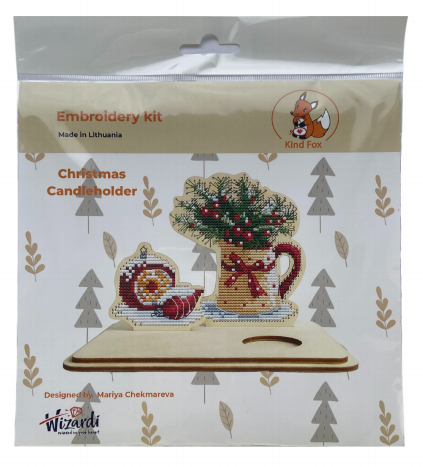 Christmas Candle Holder Cross Stitch Kit, Wooden Base, Felt, 18-Color Cotton Thread, Kind Fox by Wizardi, 13 x 16 cm