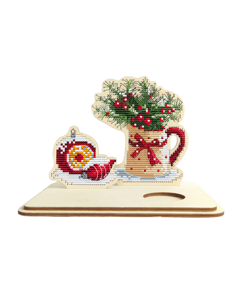 Christmas Candle Holder Cross Stitch Kit, Wooden Base, Felt, 18-Color Cotton Thread, Kind Fox by Wizardi, 13 x 16 cm
