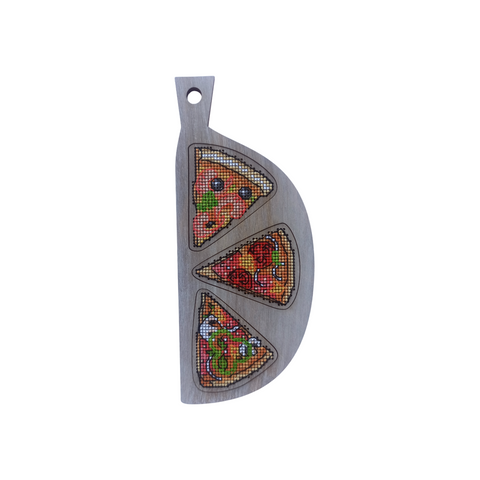 Pizza Cross Stitch Embroidery Kit, Kind Fox by Wizardi, Cotton Mouliné Threads, Wooden Base, Felt Detail, 8.5 x 21 cm