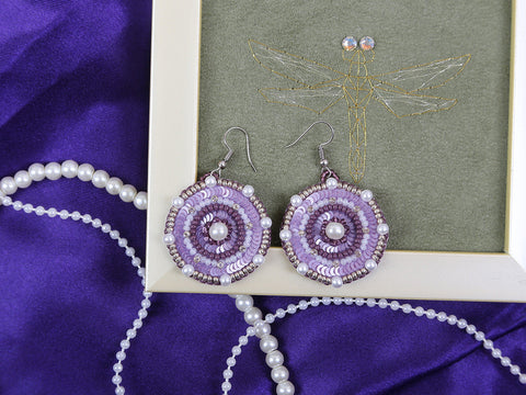 Beaded Embroidery Earring Kit, Purple Round Design, PANNA / KLART, 3.5 x 4 cm, Complete DIY Craft Set with Instructions