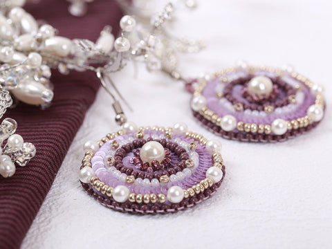 Beaded Embroidery Earring Kit, Purple Round Design, PANNA / KLART, 3.5 x 4 cm, Complete DIY Craft Set with Instructions