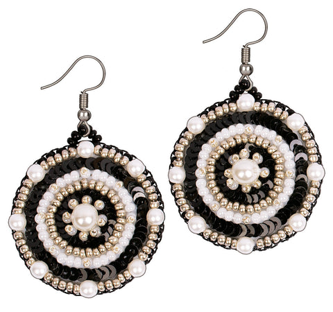 Mini Bead Embroidery Kit for Earrings, Black and White Pattern, Metal Earring Findings, 3.5 x 4 cm, KLART