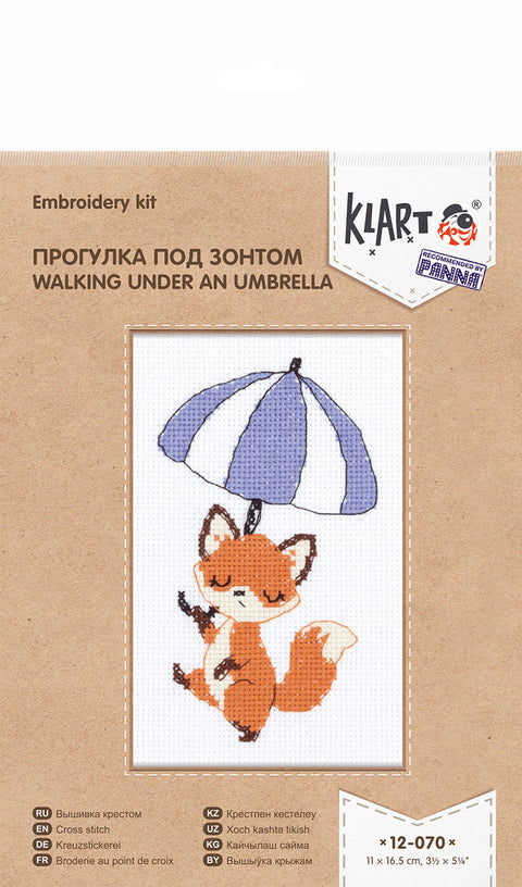 Cross Stitch Kit with Umbrella Walk Design, 11 x 16.5 cm, PANNA KLART, Aida Cotton, Beginner Friendly