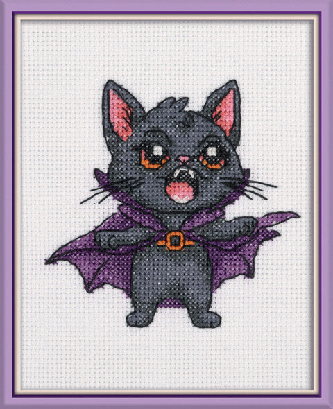 Cat Dracula Cross Stitch Kit, 13 × 13 cm, PANNA KLART, Halloween Cat Embroidery Project with Aida Canvas and Threads