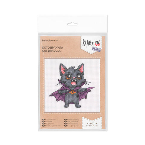 Cat Dracula Cross Stitch Kit, 13 × 13 cm, PANNA KLART, Halloween Cat Embroidery Project with Aida Canvas and Threads