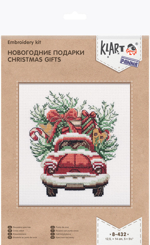Christmas Cross Stitch Kit with Gift Motif, PANNA or KLART, Beginner-Friendly Embroidery Set with Threads, Needle and Pattern