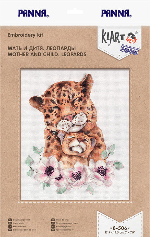 Leopard Mother and Cub Cross Stitch Kit, Wildlife Embroidery Set with Canvas, Threads, Needle, Pattern and Instructions, PANNA KLART