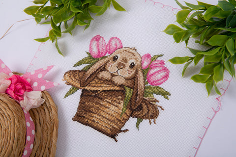 Cross Stitch Kit with Bunny in Hat Design, Aida Canvas, Cotton Threads, Needle, Pattern & Instructions, PANNA KLART