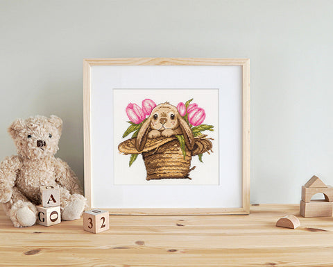 Cross Stitch Kit with Bunny in Hat Design, Aida Canvas, Cotton Threads, Needle, Pattern & Instructions, PANNA KLART