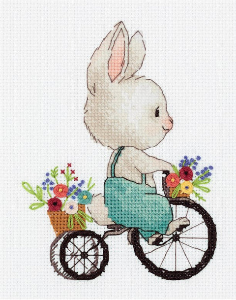 KLART Cross Stitch Kit for Kids, Rabbit on Bicycle Design, Beginner-Friendly Embroidery Set, PANNA Brand